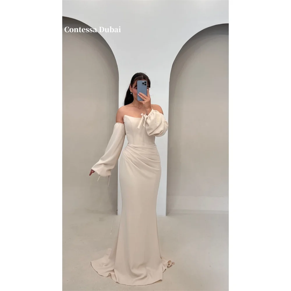 Contessa Dubai Meerjungfrau-Abschlussballkleid mit Plissee und Puffärmeln, Etui-Linie, trägerlos, Hofschleppe, Natura Sierra Sierra, ärmellos, Formalrobes de Soirée