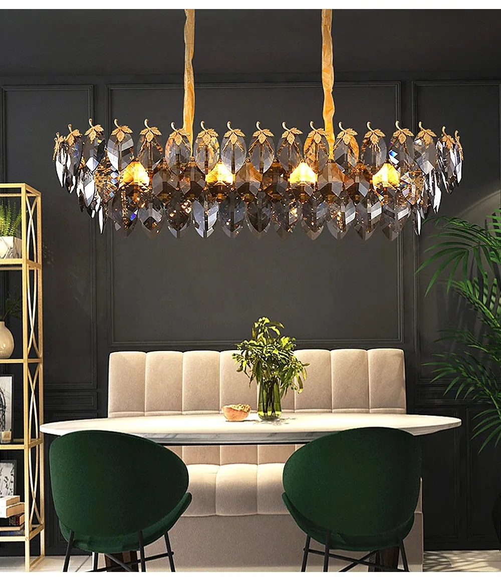 

Art Decor Smokey Crystal Leaf LED Lustres Dimmable Chandeliers Lighting Suspension Luminaire Lampen For Dinning Room Living Room
