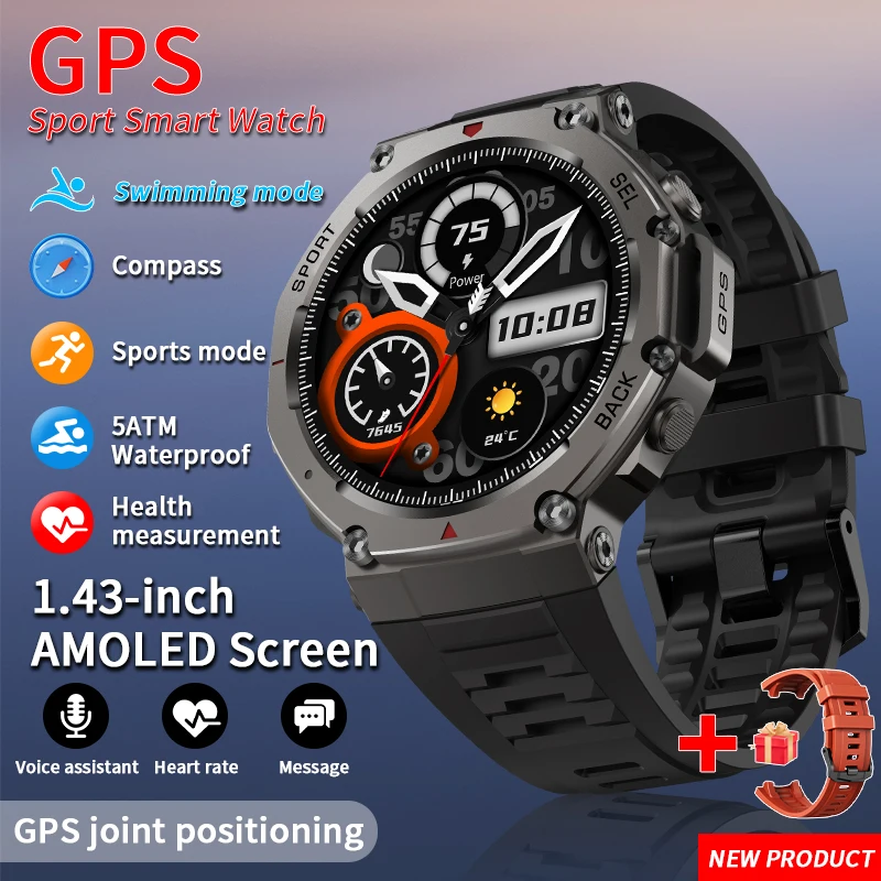 1.43inch 256Mb Smart Watch GPS Luxury Military 500mAh Men Health Monitor Fitness Clock Sports 5ATM Waterproof Smartwatch Compass image 3