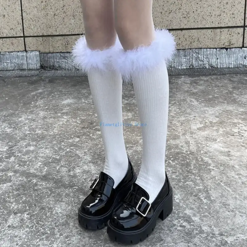652B Meias femininas japonesas algodão até o joelho, meias vintage peludas com penas sólidas