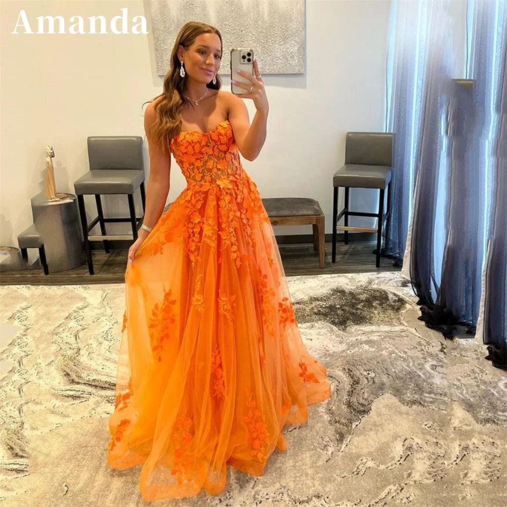 

Amanda Orange A-line فساتين السهرة Sexy Flower Embroidery Tulle Sleeveless Prom Dress 2023 Princess Strapless Lace Prom Gown