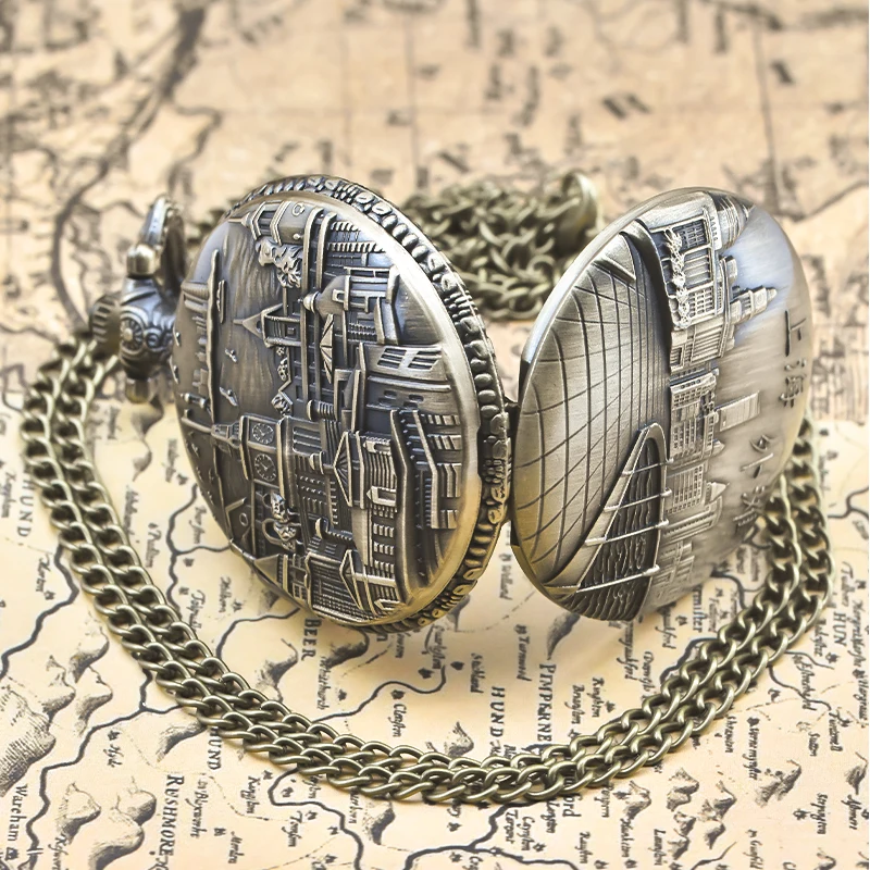 خمر البرونزية Steampunk شنغهاي الجذب منحوتة ساعة جيب كوارتز قلادة قلادة ساعة سلسلة الرجال سلسلة نسائية هدية