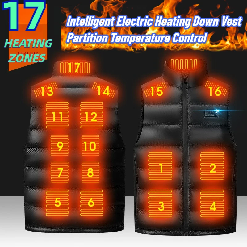 17 Areas Heated Down Jacket Vest Men Winter Ski Self Heating Vest Intelligent Usb Multi-temperature Control Thermal Puffer Coat