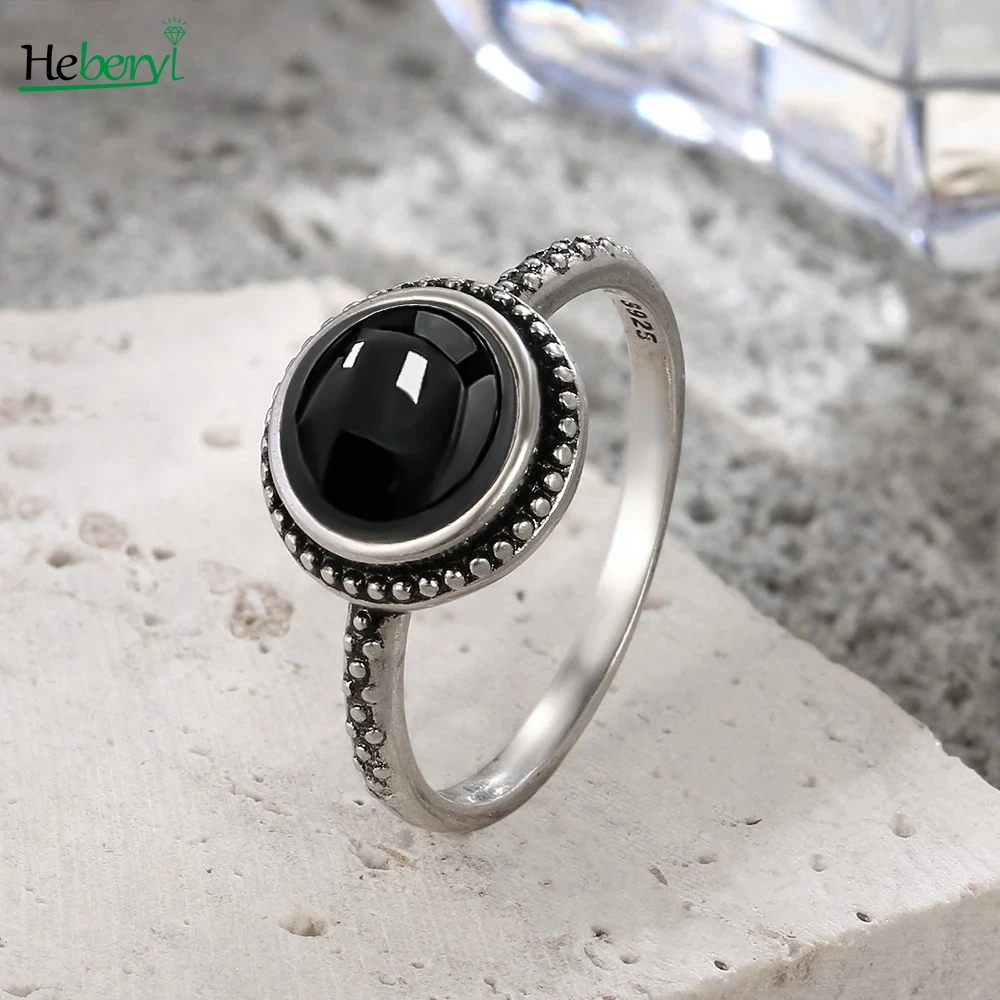 

Vintage 925 Sterling Silver Black Onyx Ring Simple Minimalist Style Round Shape Natural Stone Black Ring Fine Jewelry For Women