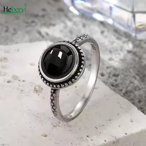Vintage 925 Sterling Silver Black Onyx Ring Simple Minimalist Style Round Shape Natural Stone Black Ring Fine Jewelry For Women