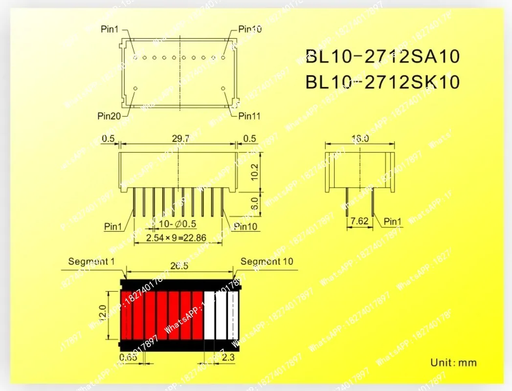 3pcs 10 segment LED light bar three colors (2 red, 2 yellow, 6 green) light flat tube B10BRYGB 10 grid digital segment LED