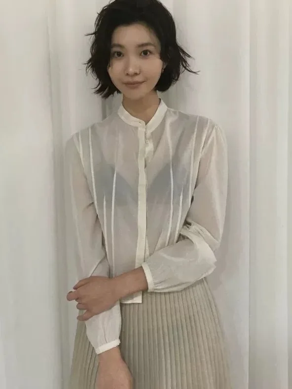 

Прозрачная женская рубашка с длинным рукавом в нежном стиле, с воротником-стойкой, плиссированная, в вертикальную полоску, свободного кроя, с эффектом наложения, хлопковый топ