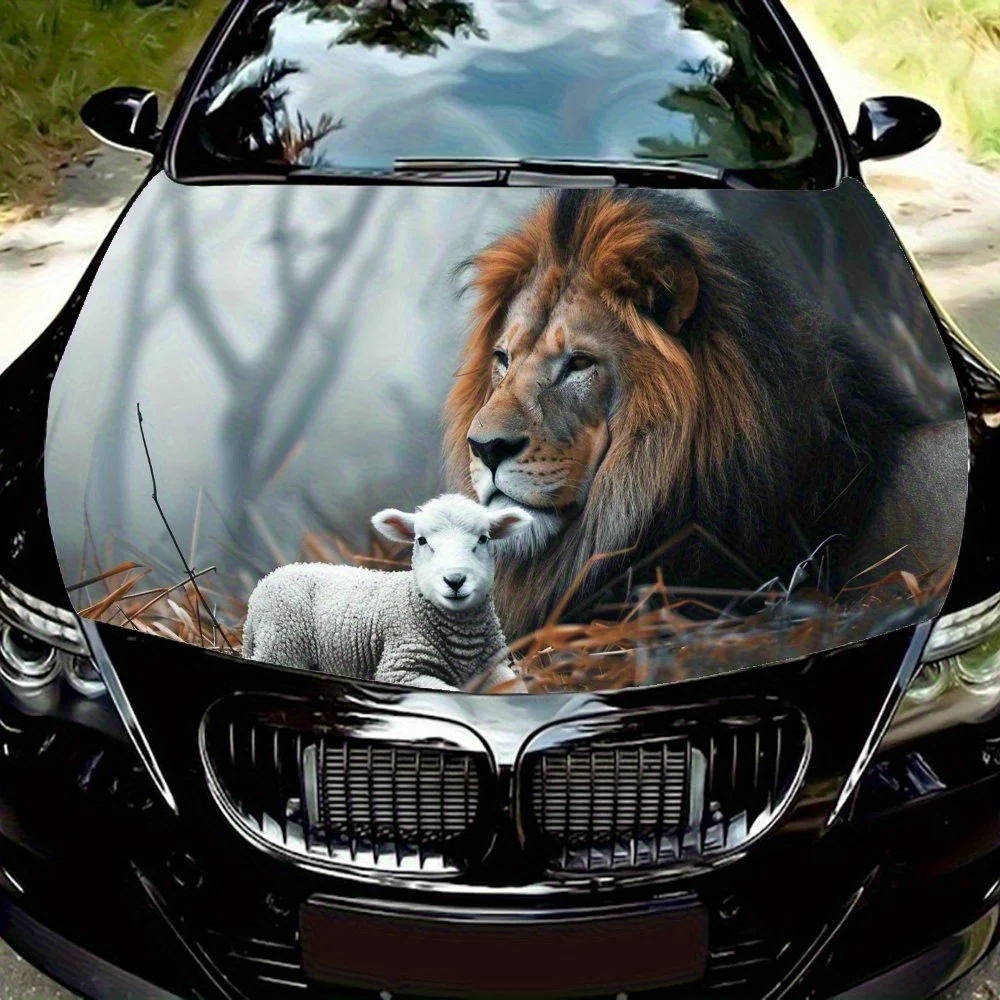 

Лев и белый ягненок в лесу, наклейка на капот автомобиля, крутой стиль, графическая упаковка, аксессуары для тюнинга автомобиля, виниловое украшение автомобиля
