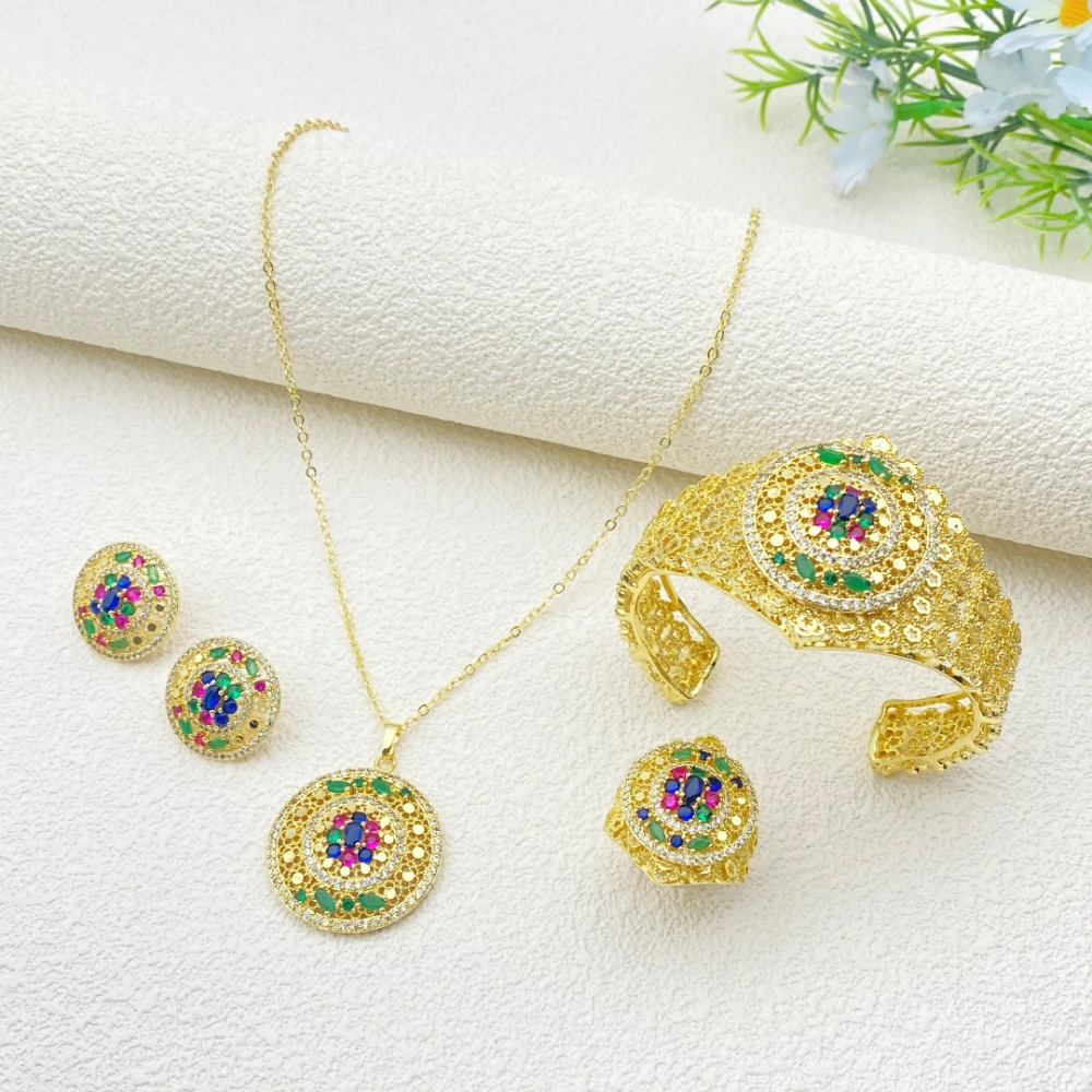 

Falair Elegant Crystal CZ Wedding Jewelry Set Gold-Plated Bracelet Necklace Earrings for Brides Middle East Bridal Collection
