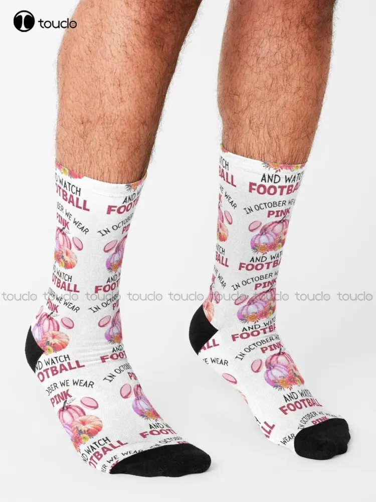 In October We Wear Pink And Watch Football Funny Halloween Football For Gift Socks Red Socks Women Custom Gift New Popular