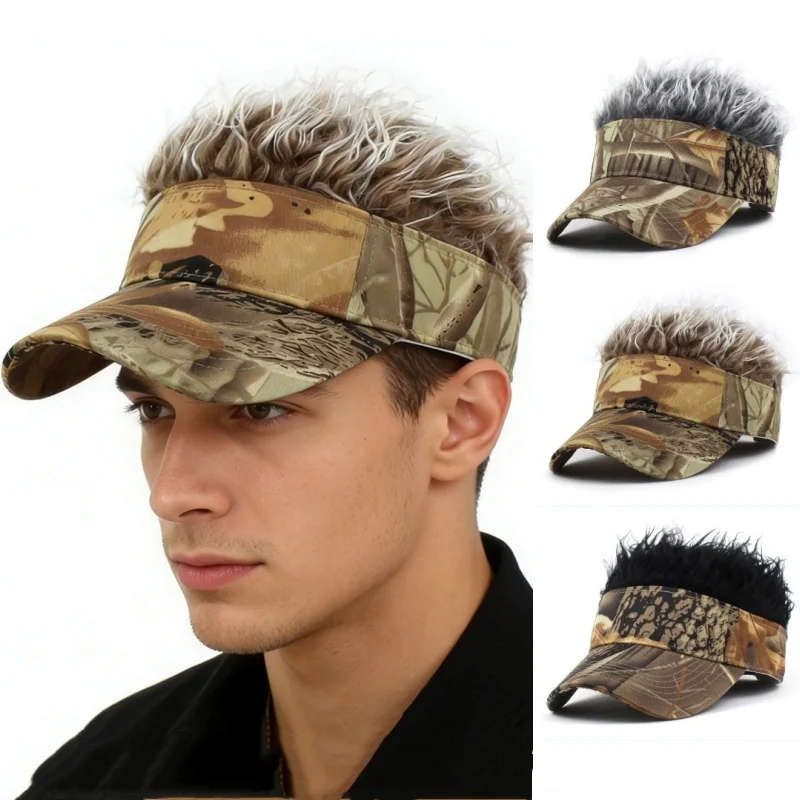 

Mens Spiked Hairs Wig Golf Baseball Cap Hiking Running An-ti UV Sunhat Outdoor Jungle Printed Hunting Sunshade Visors Sports Hat