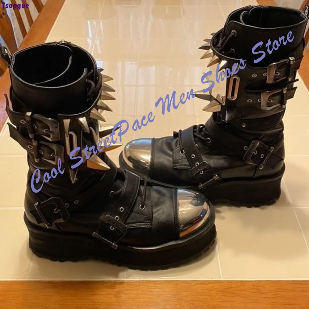 Goth Punk Metal Mid Calf Platform Boots Silver Spike Rivet Decor Multi Buckle Straps Zipper Lace Up Chunky Sole Short Boots