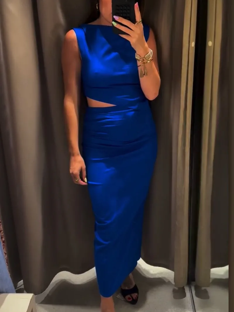 Abito dal design aperto Moda O-collo senza maniche Abiti lunghi solidi per le donne Temperamento Nuovi abiti da sera sottili eleganti estivi