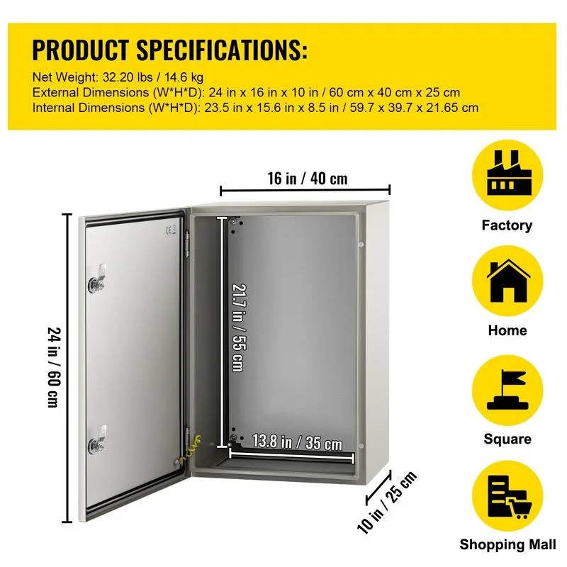 NEMA Steel Enclosure, 24 x 16 x 10'' NEMA 4X Steel Electrical Box, IP66 Waterproof & Dustproof, Outdoor/Indoor Electrical Junction Box, with Mounting Plate