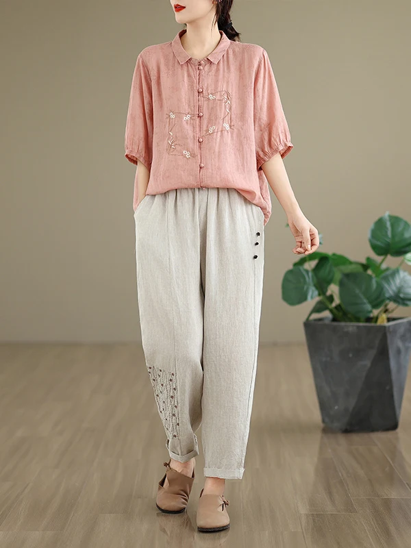 

Faionable Cotton Linen Set Embroidered Print irt Elastic Waist Nine-Piece Harlan Pants Loose Large Size Two-Piece Set Women