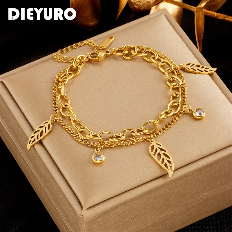 DIEYURO 316L Stainless Steel Gold Color Leaves Leaf Charm Bracelet For Women New Trend Girls 2-Layer Wrist Chains Jewelry Gifts