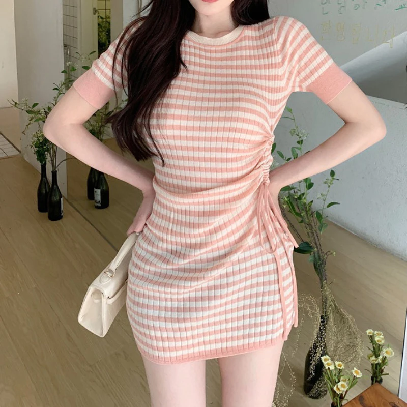 Striped Round Neck Knitted Dress Women 2024 Spring New Fashion Lace-up Hip Wrap Skirt Slim Fit Short Sleeved Dresses