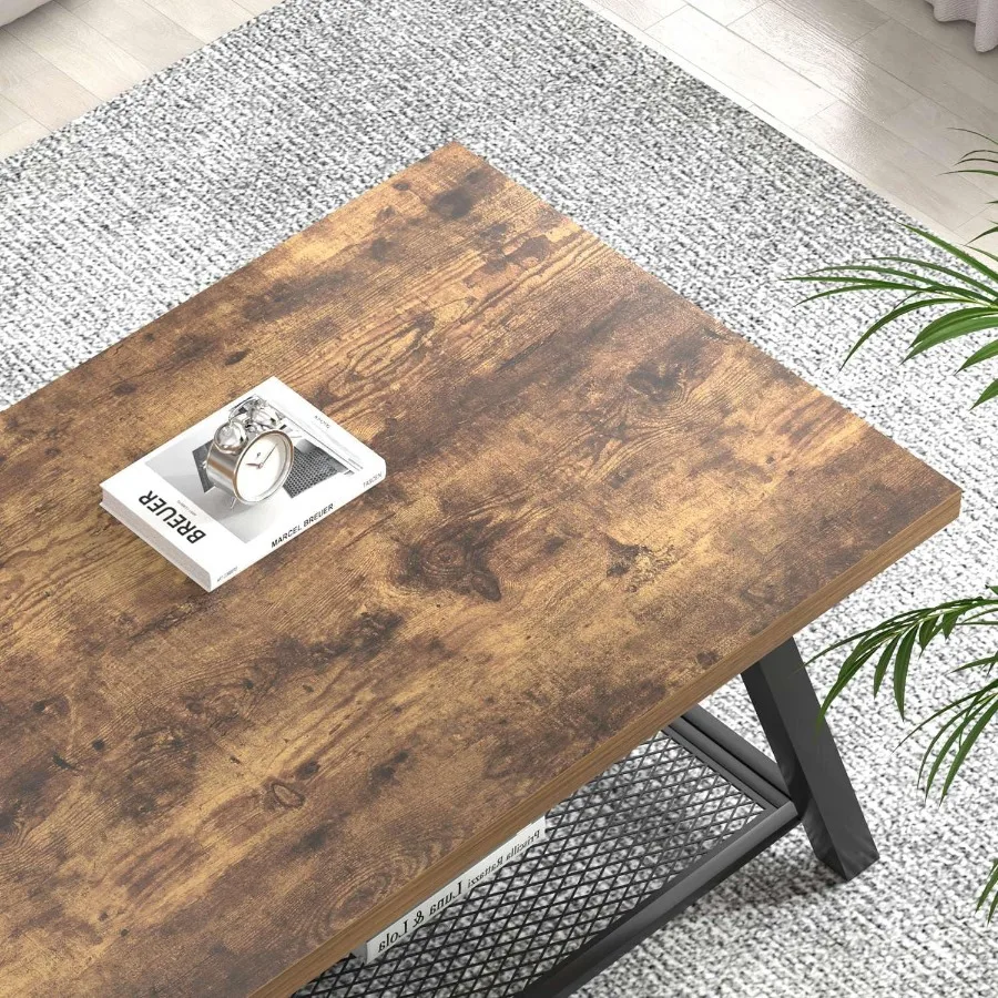 Mesa de centro industrial de madeira e metal de 47 polegadas, mesa de sala de estar com prateleira de armazenamento, mesa central retangular, marrom rústico