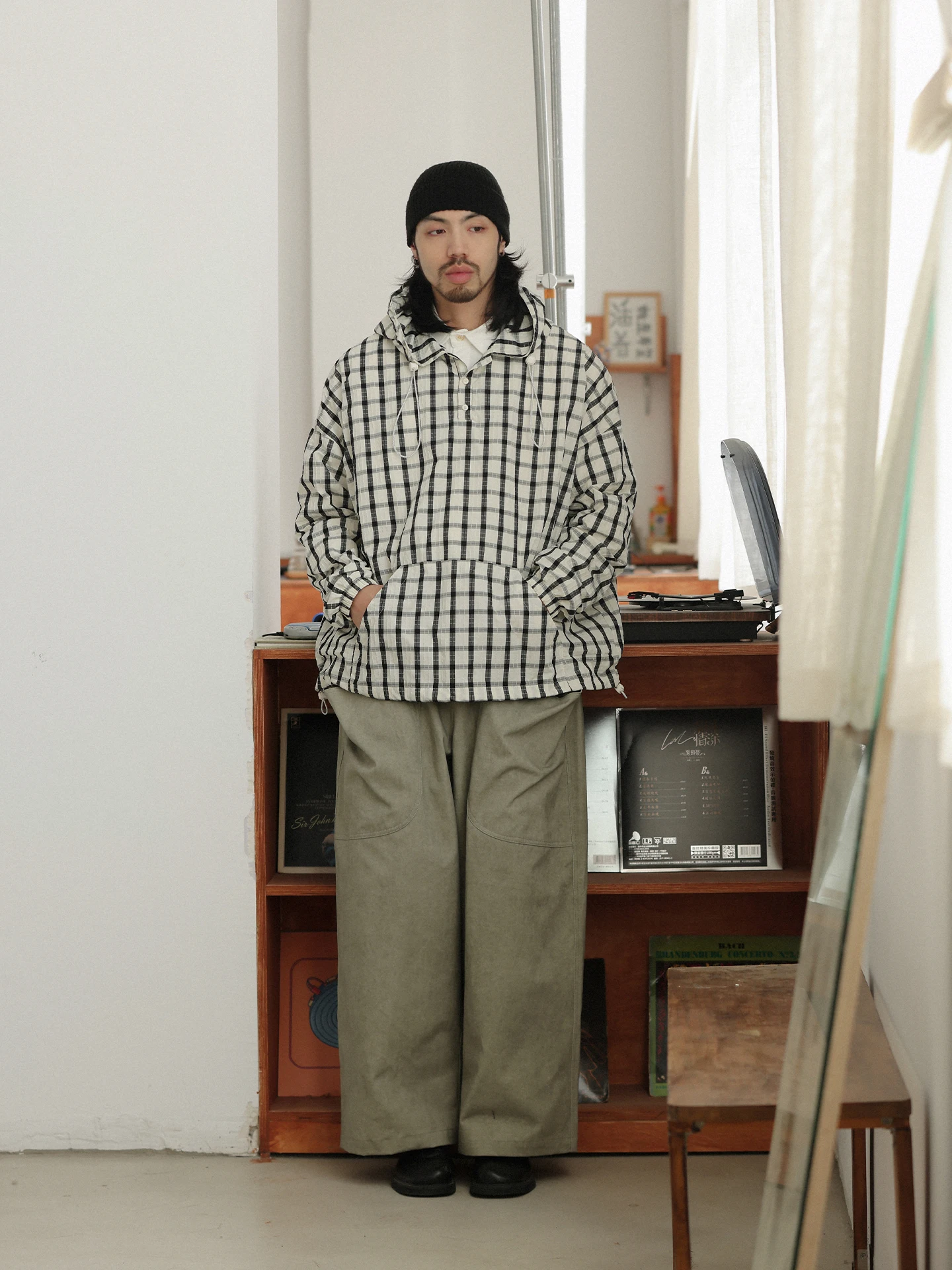 

Noears Autumnal Vintage Bla White Plaid Loose Long Sve Hoodie Japanese Sle oulder Drop Sweatirt Youth Polyester Blend