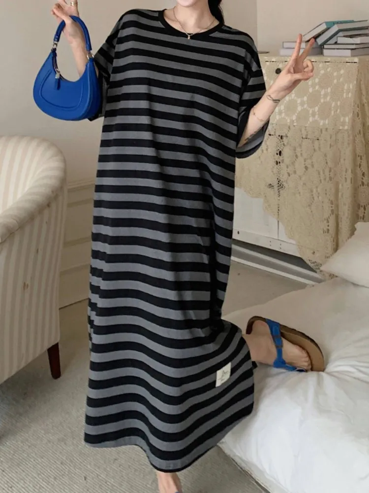 夏のストライプ Tシャツドレス女性韓国怠惰なスタイルルースレディースドレスプラスサイズストライプ半袖女性ドレス Vestidos