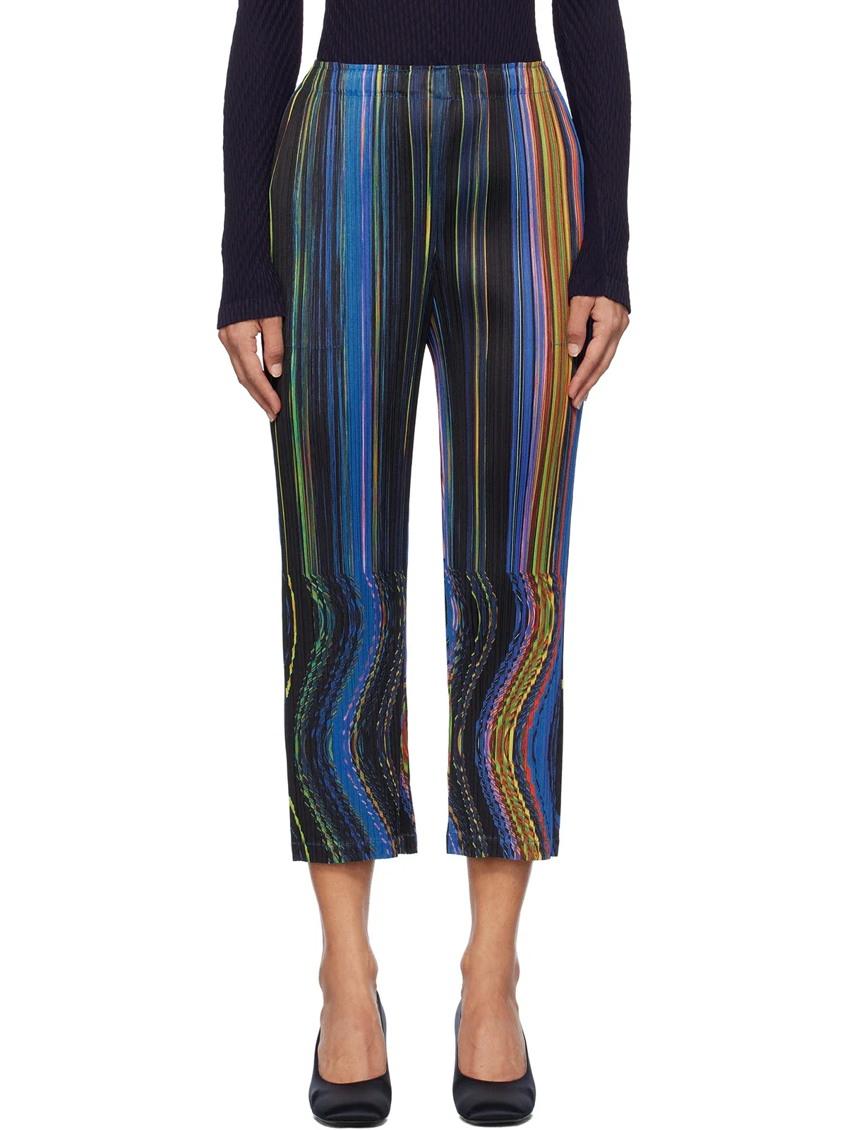 

MIA Miyake Pleated Multicolor Warp Trousers Stripes Printed Wide-leg Elasticized Waistband Pants Garment-pleated Tricot Trousers