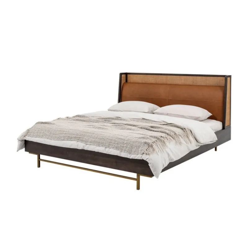 

True rattan all solid wood walnut wabi style modern simple 1.8 double bed master and breakfast 1.2 bed