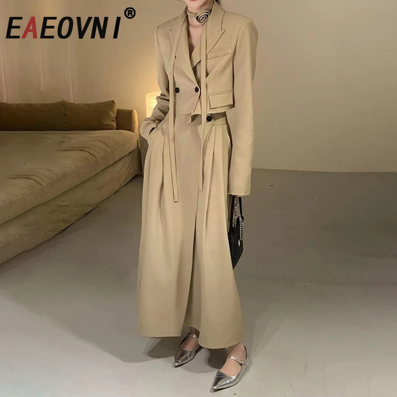 

EAEOVNI Office Lady Women Two Piece Set Double Button Short Jacket + High Waist A Line Long Skirt Elegant 2025 New 1A1222