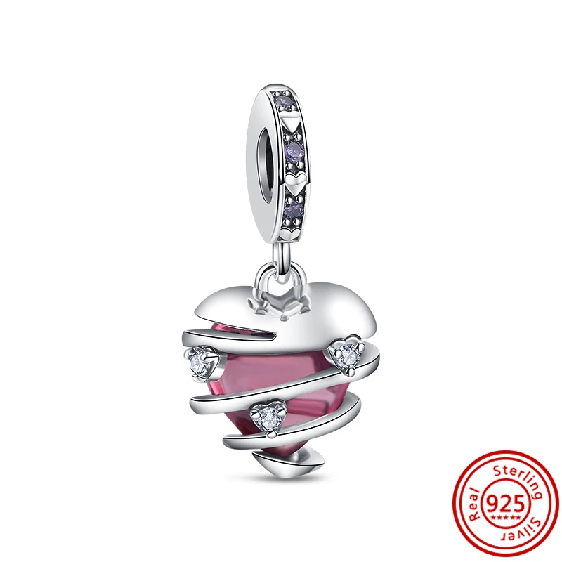 925 Silver Pave Pink Zircon Sparkling Pendant Eternal Heart Mom Love Beads Fit Original Pandora Charms Bracelet DIY Fine Jewelry