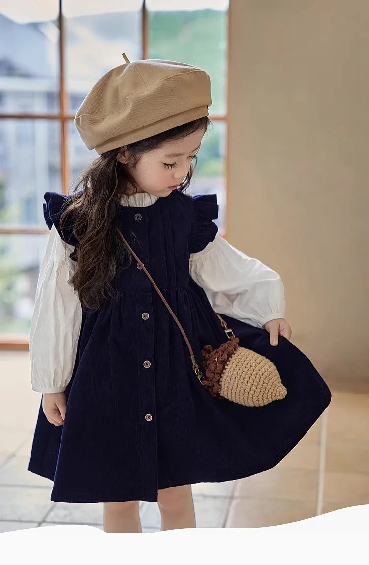 Trajes de principios de otoño para niñas, camisa blanca coreana, Top, chaleco, vestido, conjunto de dos piezas, trajes de moda de estilo Simple coreano, ropa 2024