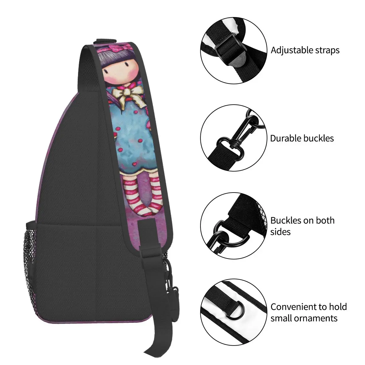 Santoro Gorjuss Doll Crossbody Sling Bag Small Chest Bag Art Cartoon Shoulder Backpack Daypack for Hiking Outdoor Camping Bag