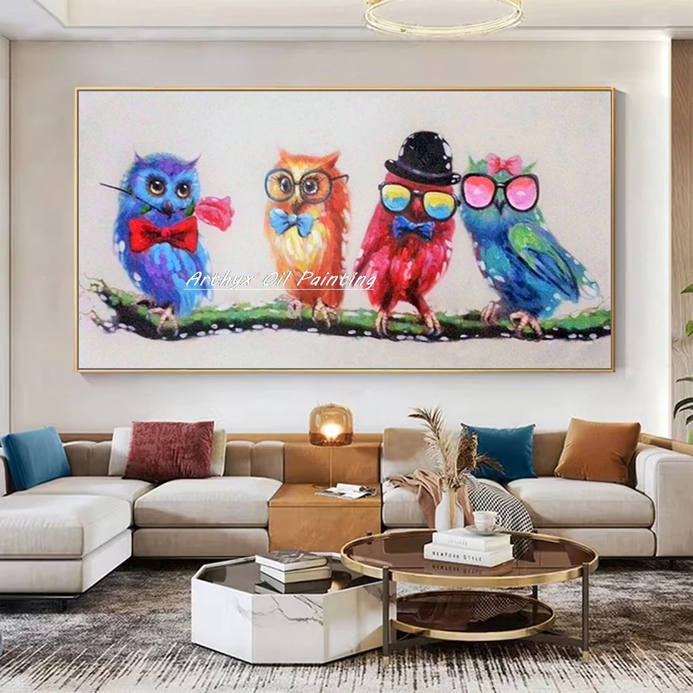 Arthyx Large Handpainted Dr. Birds Animals Oil Paintings On Canvas Modern Abstract Pop Art Wall Picture For Kisd Room Home Decor