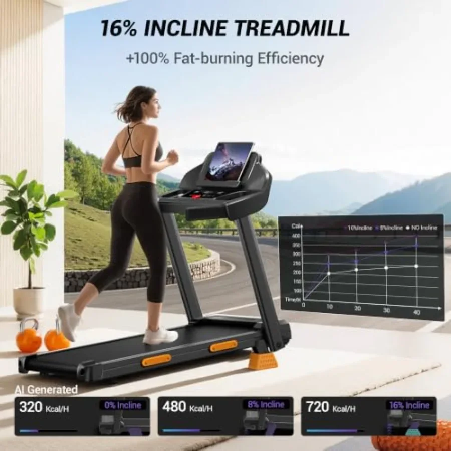 Home use treadmill with 16 incline, steel frame, black finish, triple LED display for speed/incline/time