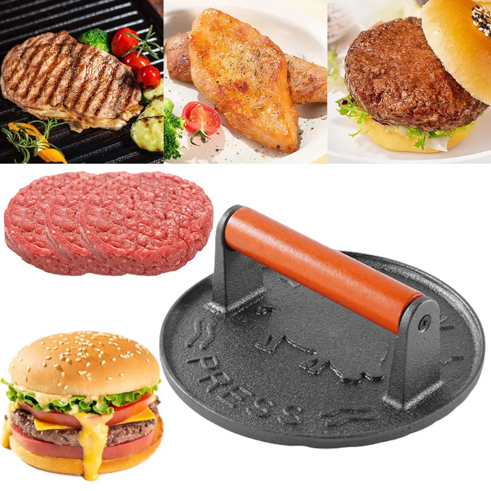 Cast Iron Burger Press Smash Burger Press Wooden Handle Round Burger Smasher 7.09 in Anti Scald for Outdoor Camping