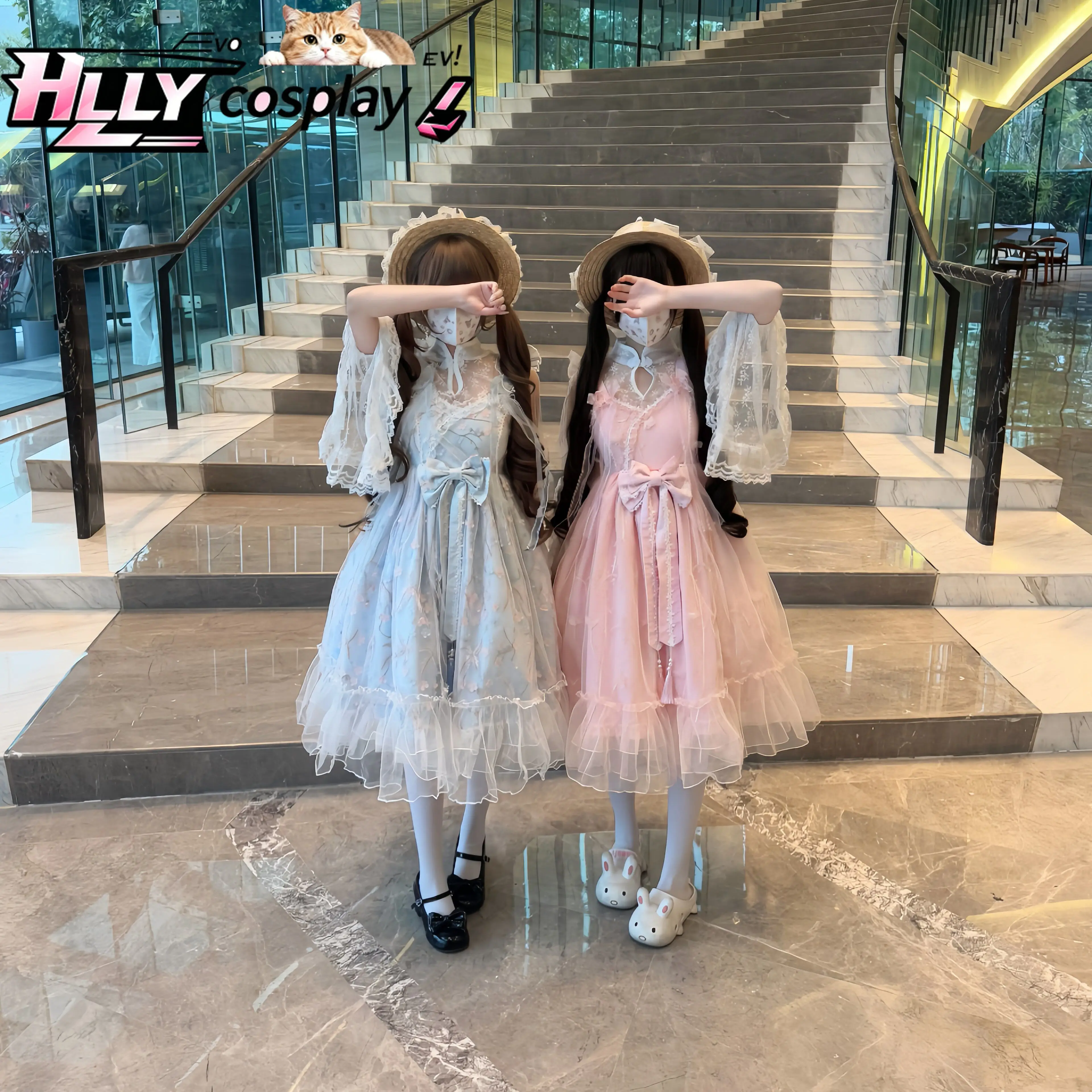 

New Original Chinese Style Sweet Lolita JSK Dress Women Girls Pink Blue Layered Lace Ruffle Bow Waist Camisole Spring Autumn