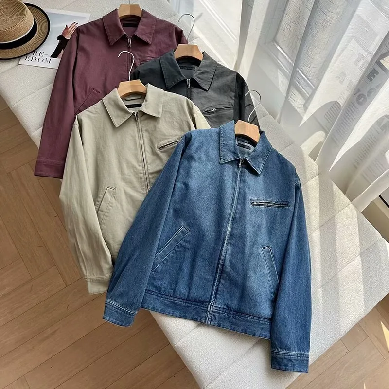 

2025 Spring/Summer Fashion Wash blue lapel short denim Jacket retro gradient long-sleeved jacket