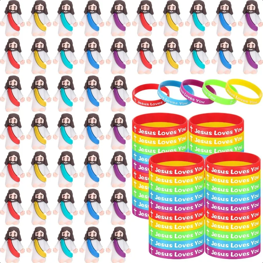 

Barydat 100 Pcs Easter Jesus Toys Little Mini Jesus Figures Jesus Loves You Silicone Bracelets Easter Christian Wristbands Bibl