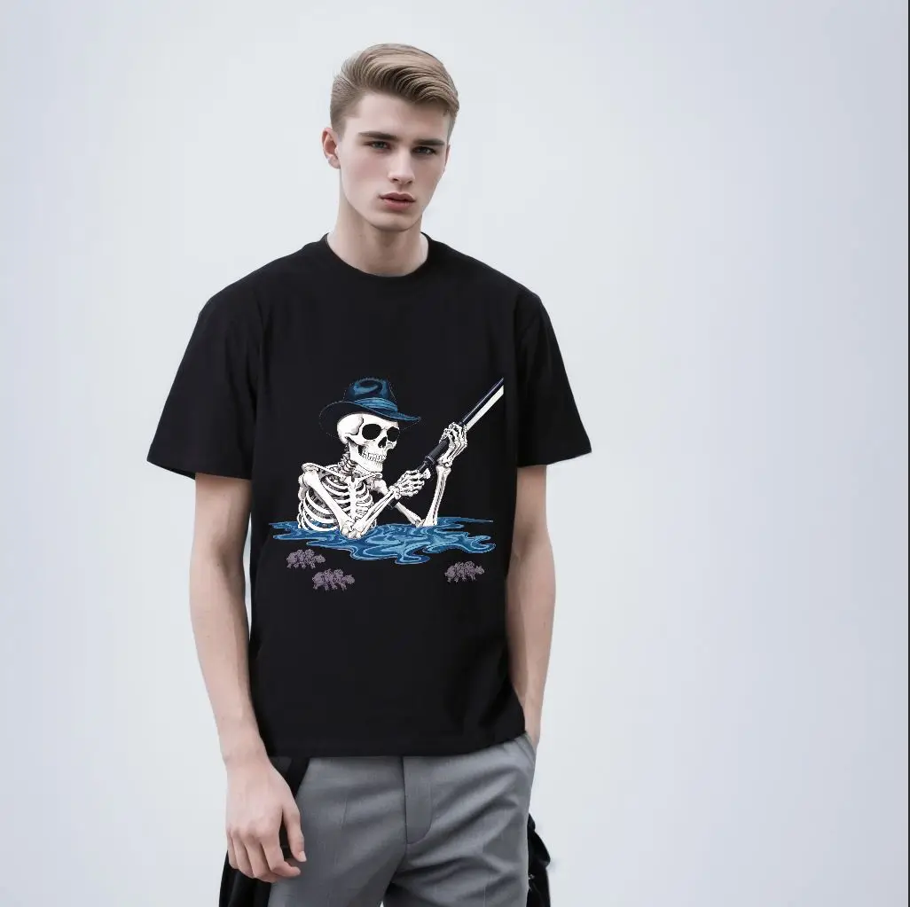 White T - shirt with Skeleton Graphic: Skeleton in Dark Blue Fedora Holding Rifle (Shotgun) Over Blue Wavy Water, Spider - Bug -