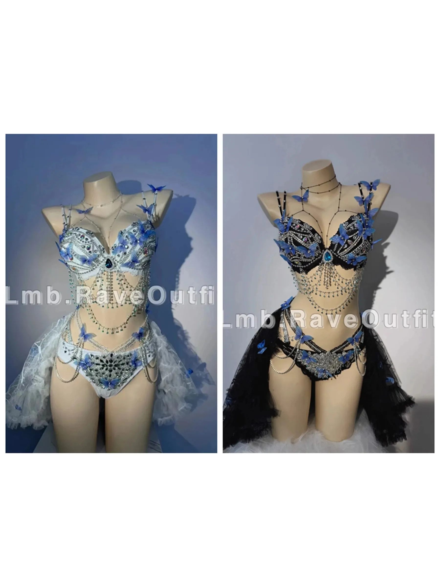 Damen Blaues Schmetterlings-Quasten-Bikini-Kleid Outfit Sexy Exquisites Nachtclub Bar Sänger Tanz Bühnenkostüm Party Rave Festival Kleidung