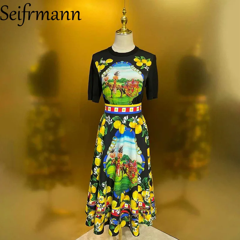 

Seifrmann 2026 Spring Women's New Fashion Round Neck Short Sleeve Cotton Printed Top+Half Skirt Two Piece Set