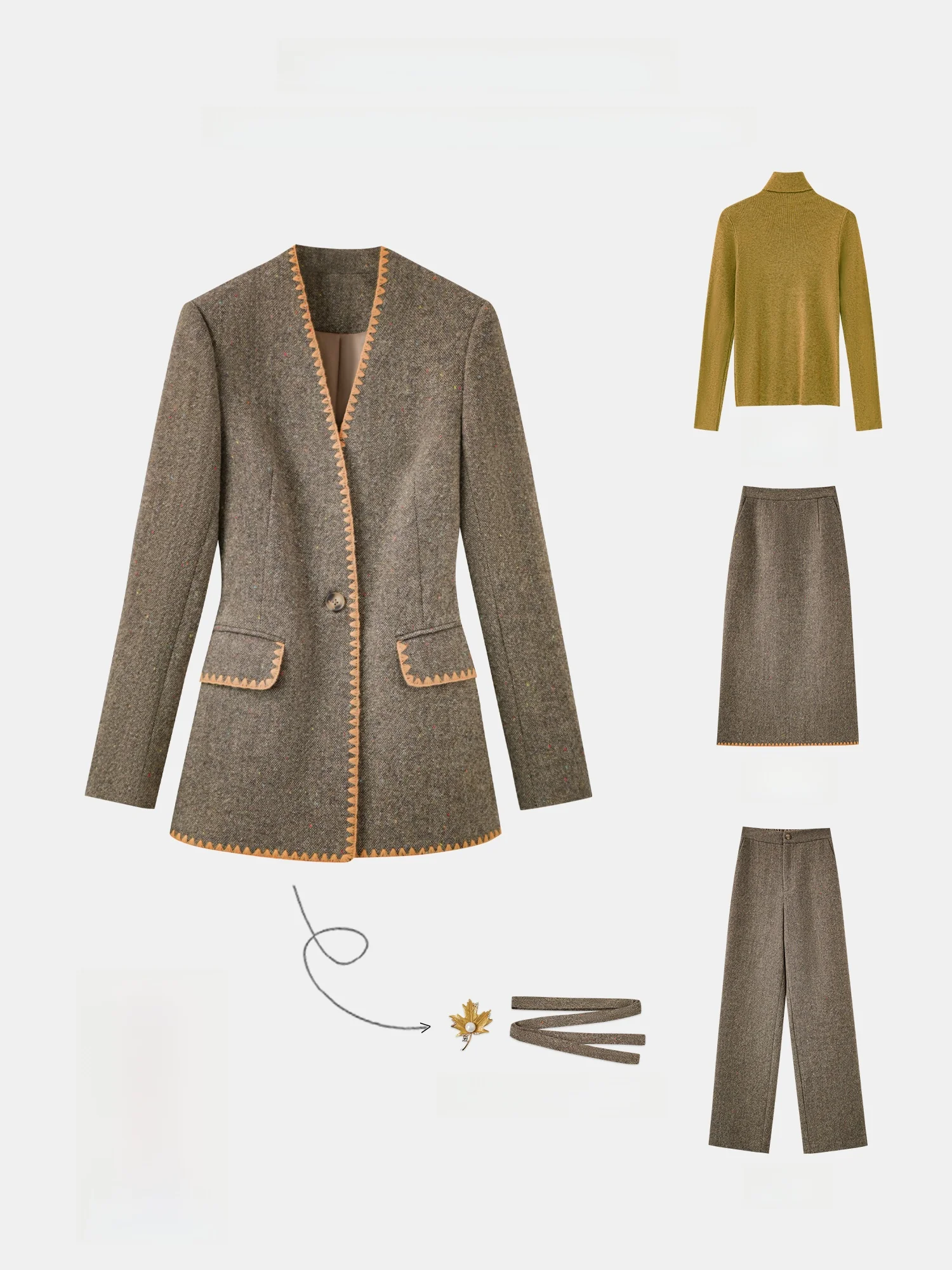 Karamellfarbener Tweed-Anzug für Damen, tailliert, Nel Jaet, Herbst-Winter, Faion-Oberbekleidung, passendes Rock-Set