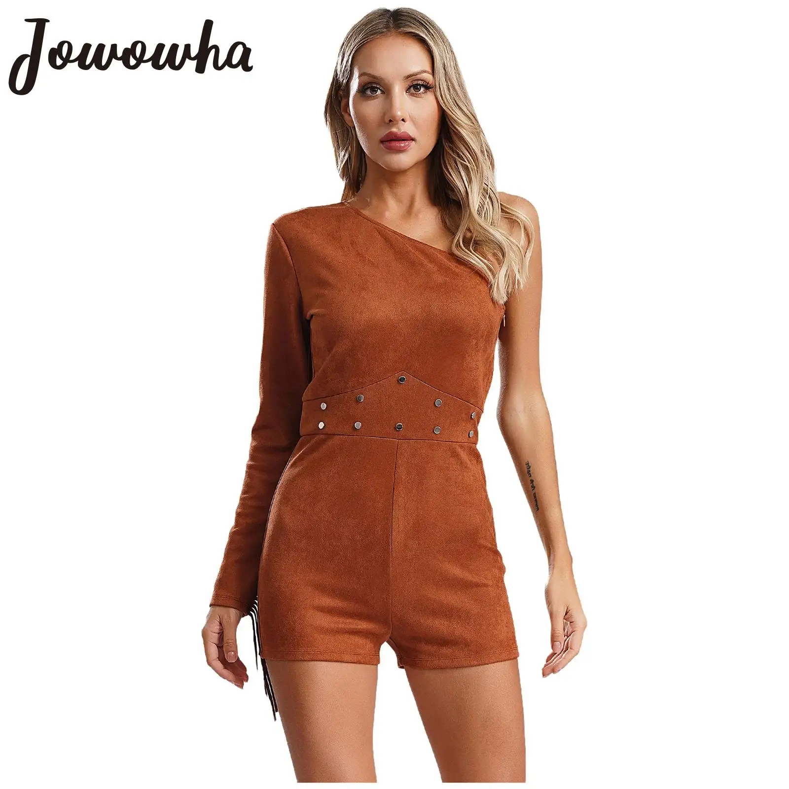 Women Vintage Suede Bodysuit One Shoulder Fringe Rivets Jumpsuit Short Rompers Cosplay Carnival Themed Party Dress Up Costume