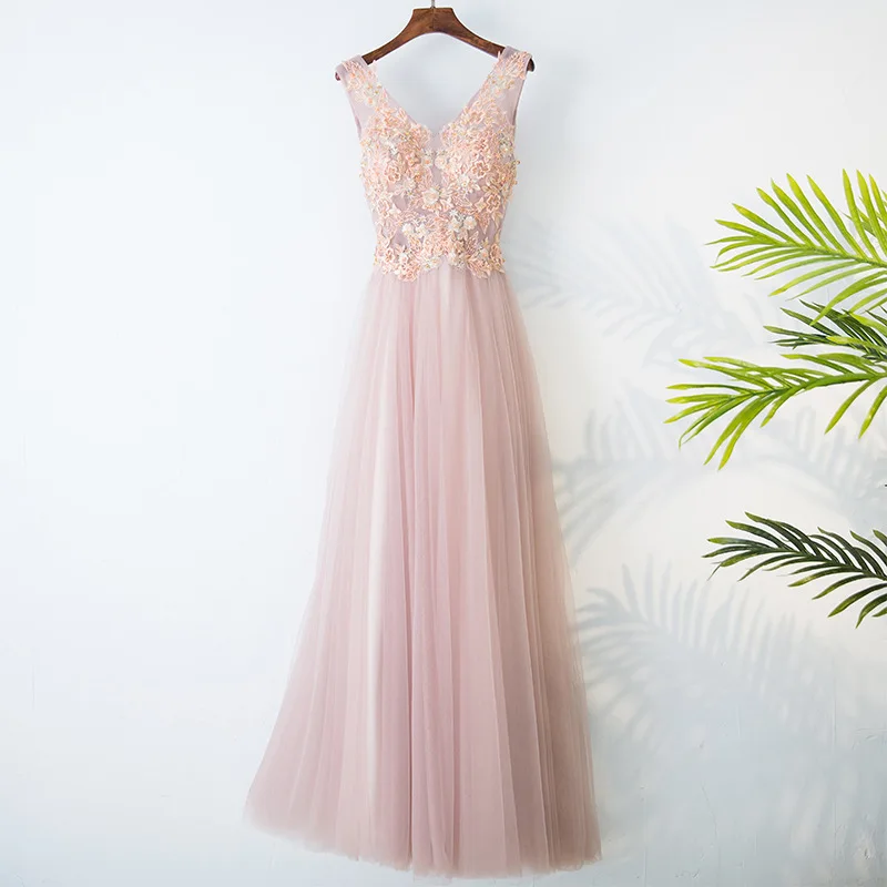 

Pink Women Bridesmaid Dress V-Neck Sleeveless Slim Fit Tulle Floor Length Gowns Female Formal Evening Party Dress