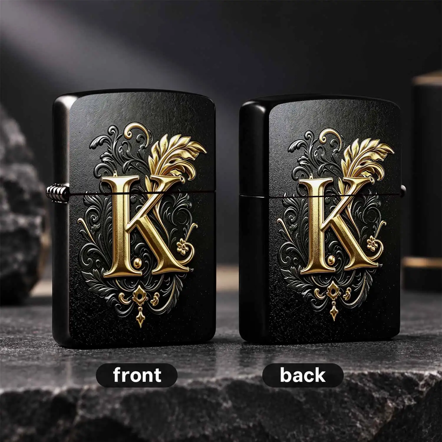 Luxury Gold Embossed Letter K Lighter Retro Baroque Ornate Pattern Elegant Textured Craftsmanship Exquisite Decorative Accessory For Daily Multiple Scenarios Ideal Premium Gift Choice Personalized Stylish Portable Souve A Humorous And Inter