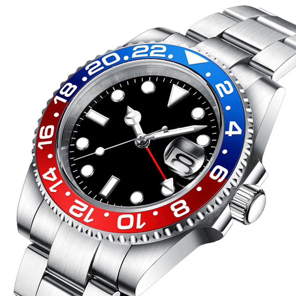 Custom Luxury 40mm GMT Watch Mechanical Wristwatches for Men Waterproof Luminous Quartz Reloj Stainless Steel Sapphire Glass