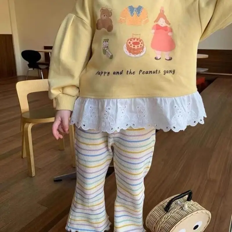 فتاة البلوز بأكمام طويلة Kawaii معطف غير رسمي ملابس الأطفال الكورية الفتيات هوديي موضة الكرتون طباعة الجولة الرقبة الدانتيل الاتجاه #5