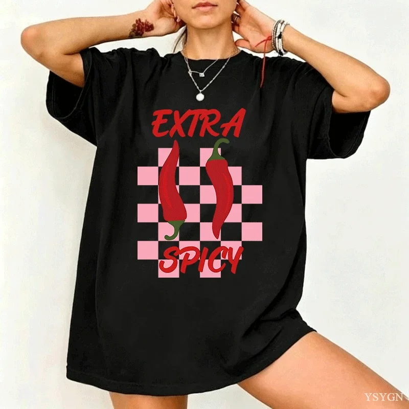 Women T Shirt Extra Spicy Chili Print Short Sleeve O Neck Tee Casual Pink Soft Cotton Female Back Print Daily Top