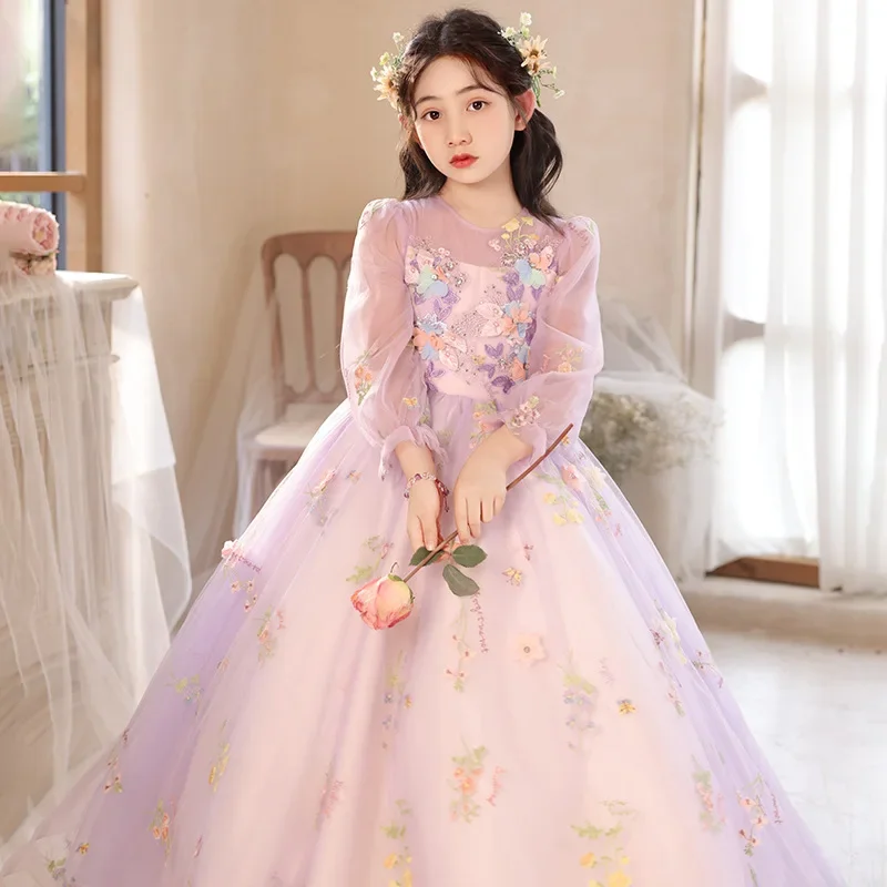 2023 Festive Dress for Girl Baby Evening Dresses Children Princess Appliques Ball Gown for Weddings Teens Christmas Costume