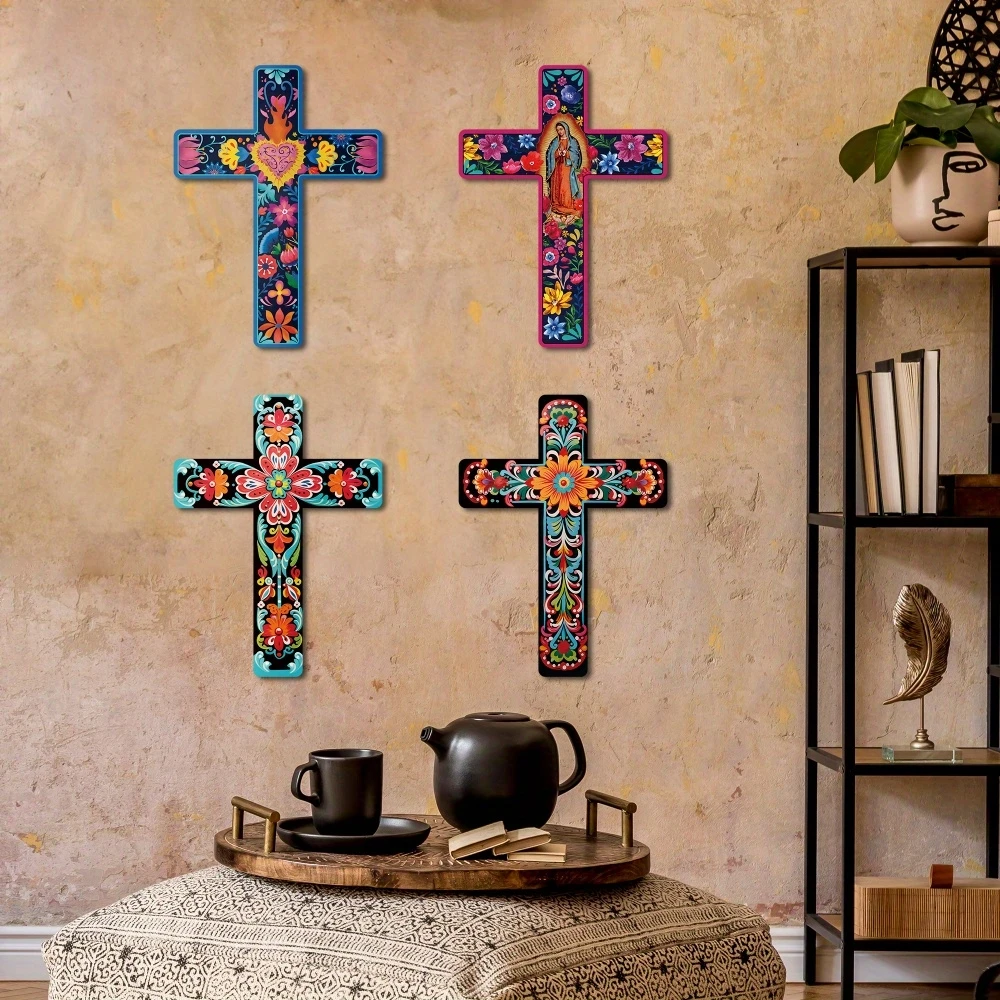 16in 2D Flat Mexican Cross Wooden Wall Art with Colorful Floral Design Wooden Cross Confessor Home Church Farmhouse Decoration