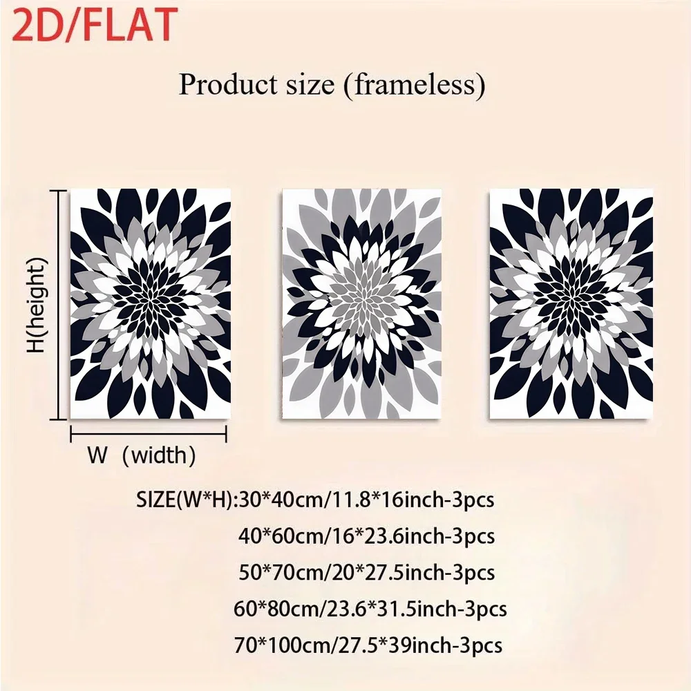 Multiple sizes 3pcs frameless Canvas Paintingmodern minimalist blue-gray floral triptych frameless decorative paintings, 2D flat