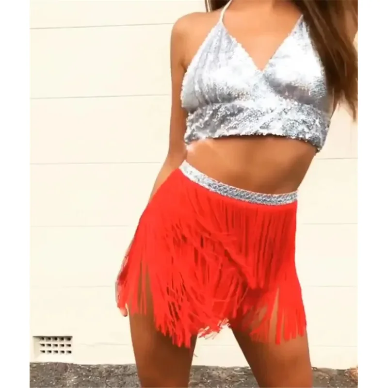 Sexy Women Sequin Tassel Tutu Rave Fringe Belly Dance Hip Scarf Wrap Mini Skirt Club Party Clothing Stage Show